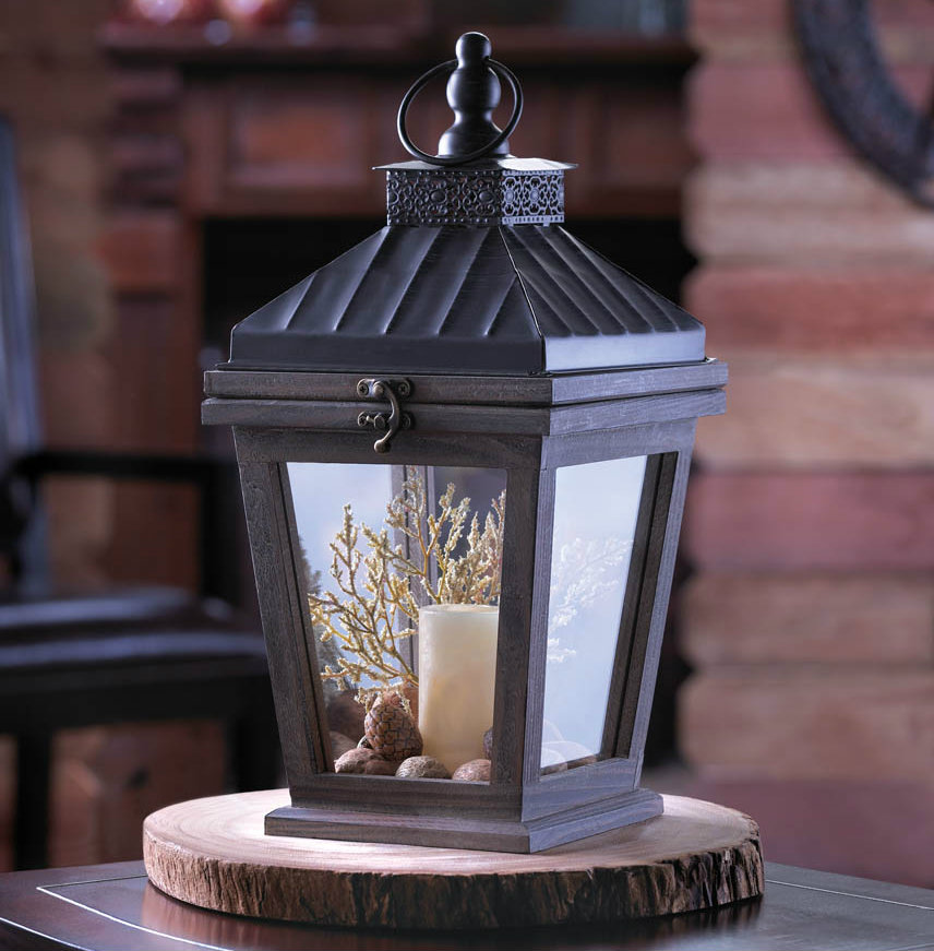 Wood Candle Lantern with Metal Roof - 14.5 inches