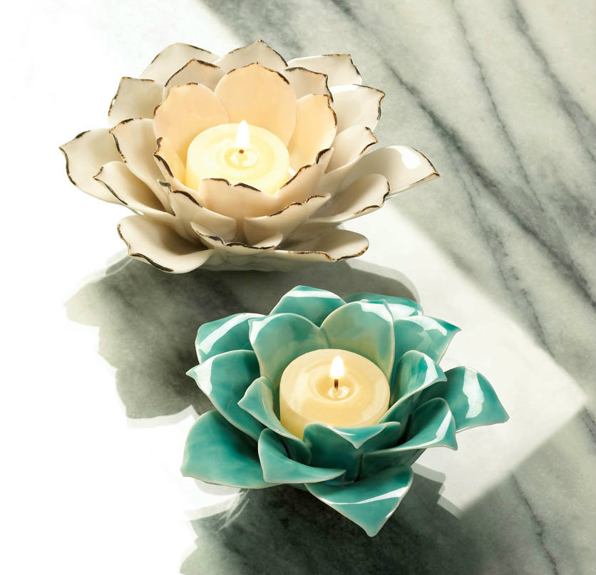 Stoneware Lotus Flower Candle Holder Ivory