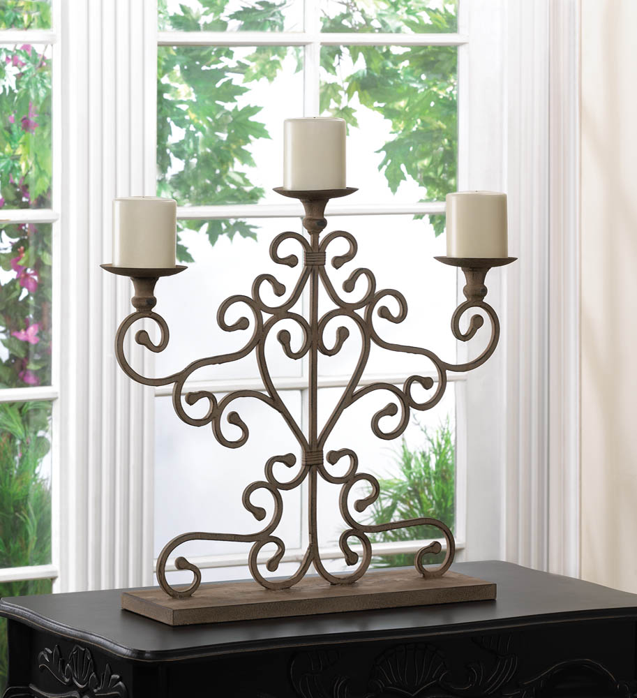 Cast Iron Antiqued Scrolled Three-Candle Candelabra
