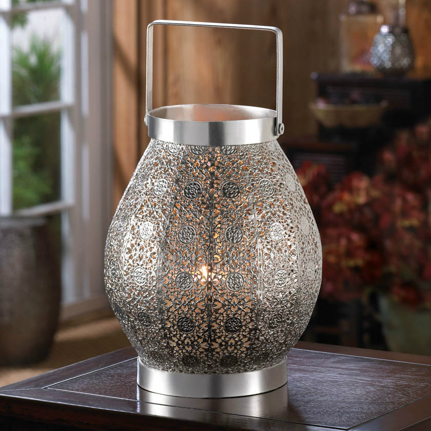 Shimmery Silver Lacy Candle Lantern - 9.5 inches