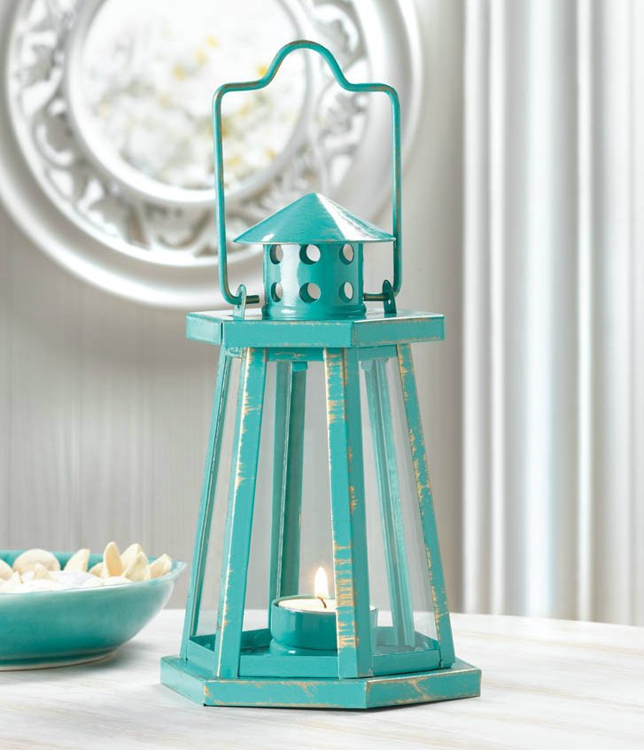 Distressed Aqua Lighthouse Lantern - 8 inches