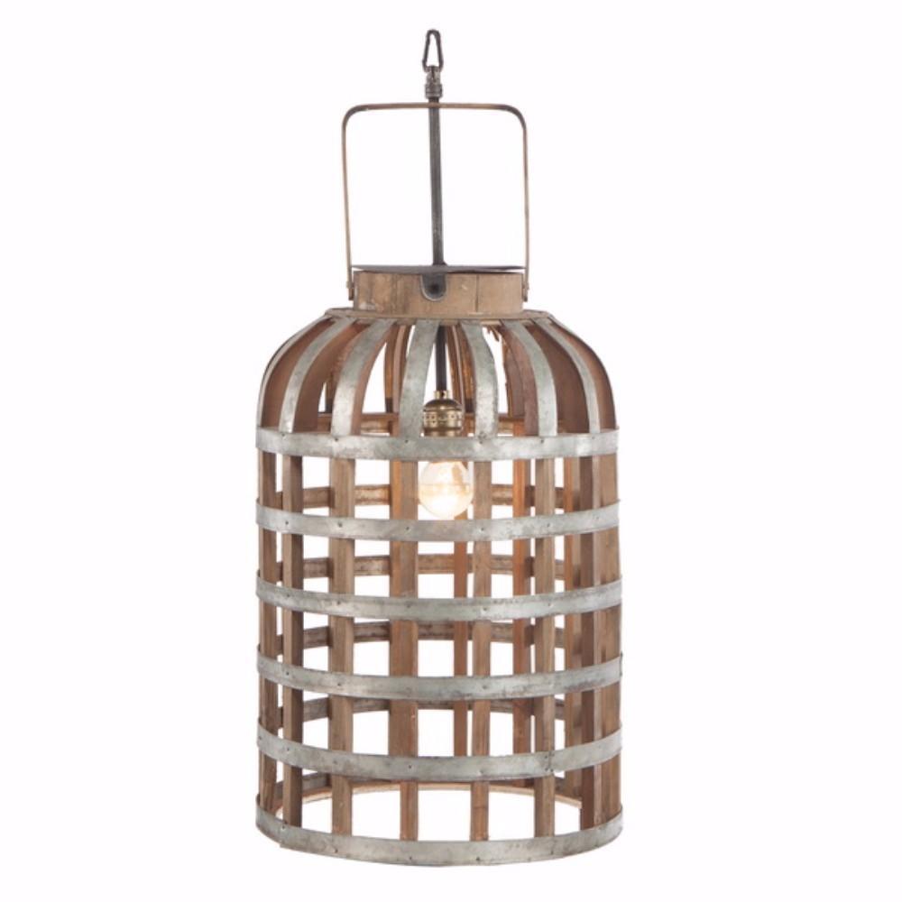 Alluring Caged Metal And Wood Hanging Lantern, Brown And Silver