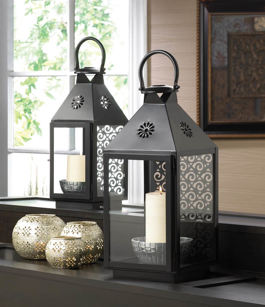 black candle lantern with curlicue cutouts 14 inches curlicue light
