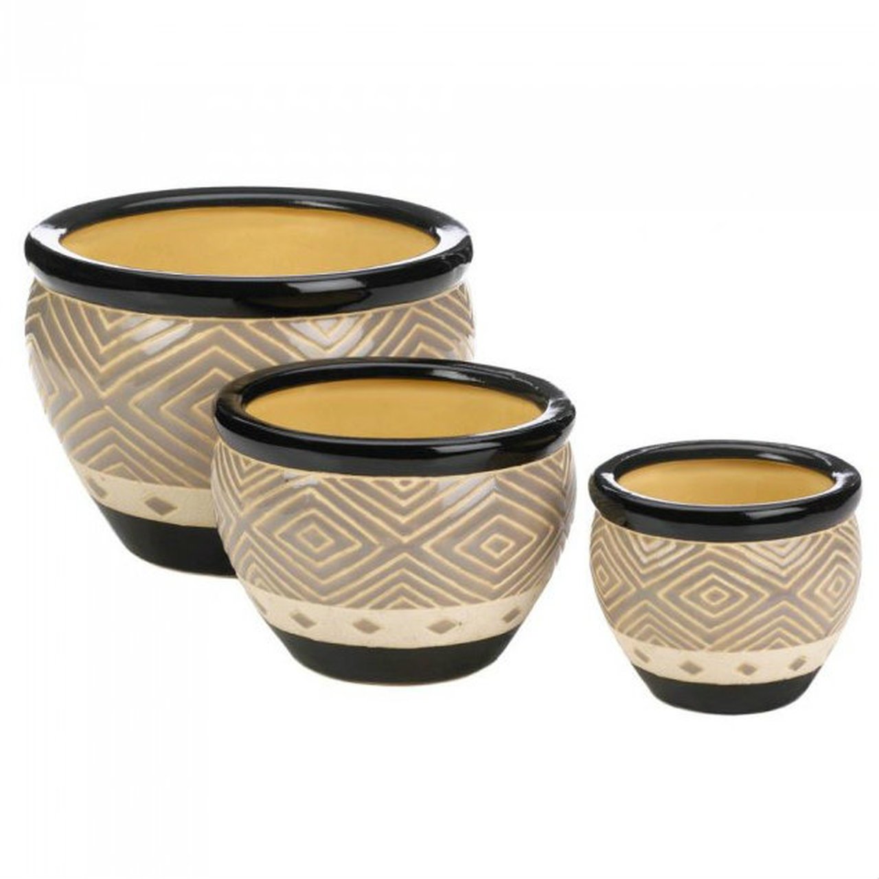Black Ceramic Diamond Pattern Planter Set