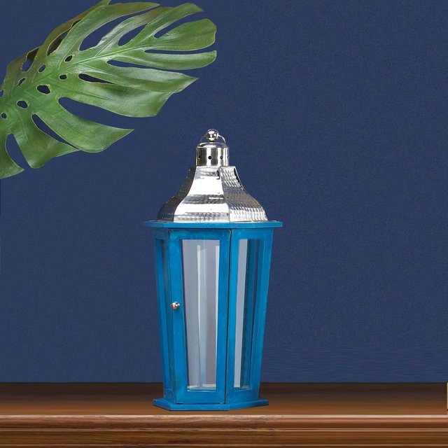 Blue Wood Candle Lantern with Stainless Steel Top 20 inches