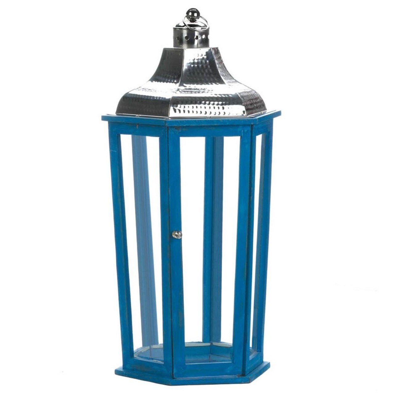 Blue Wood Candle Lantern with Stainless Steel Top 24 inches
