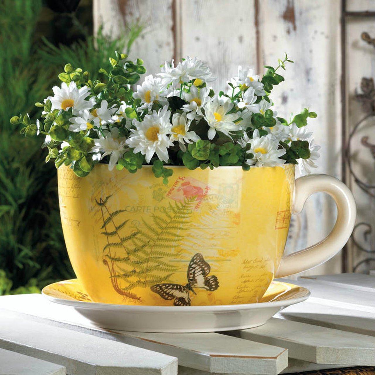 Butterfly Dolomite Tea Cup Planter - 6.25 inches