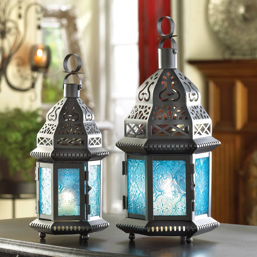 Azure Glass Moroccan Candle Lantern 10 inches