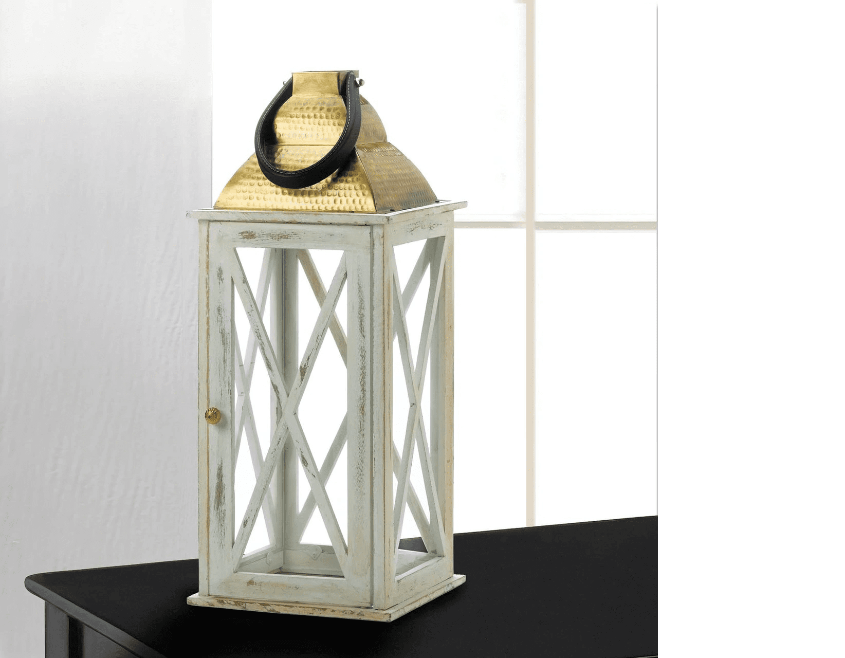 Distressed White Wood Candle Lantern with Gold Top 24.5 inches