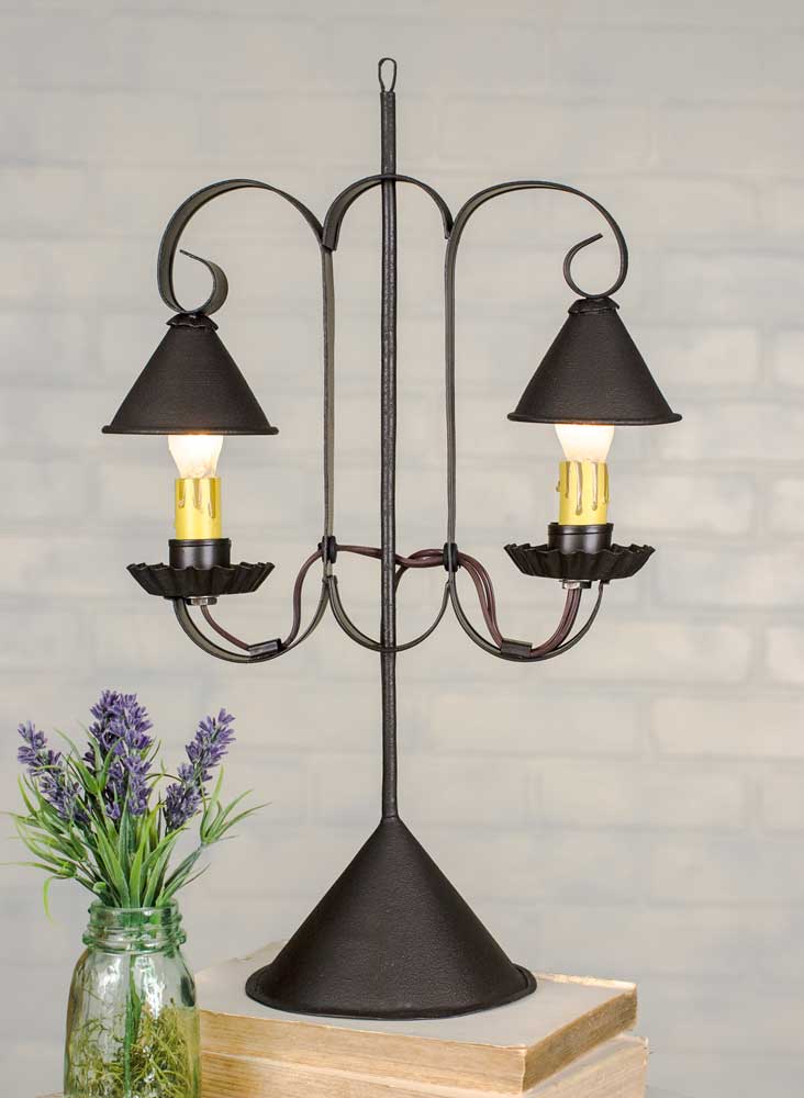 Double Lamp with Hanging Shades - Rustic Brown
