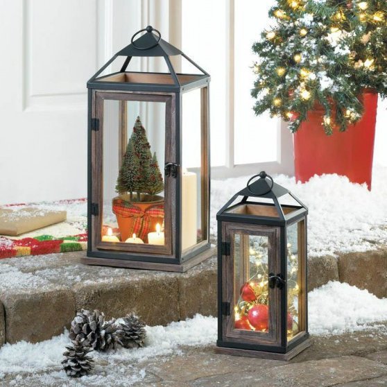 Metal with Wood Trim Candle Lantern - 13 inches