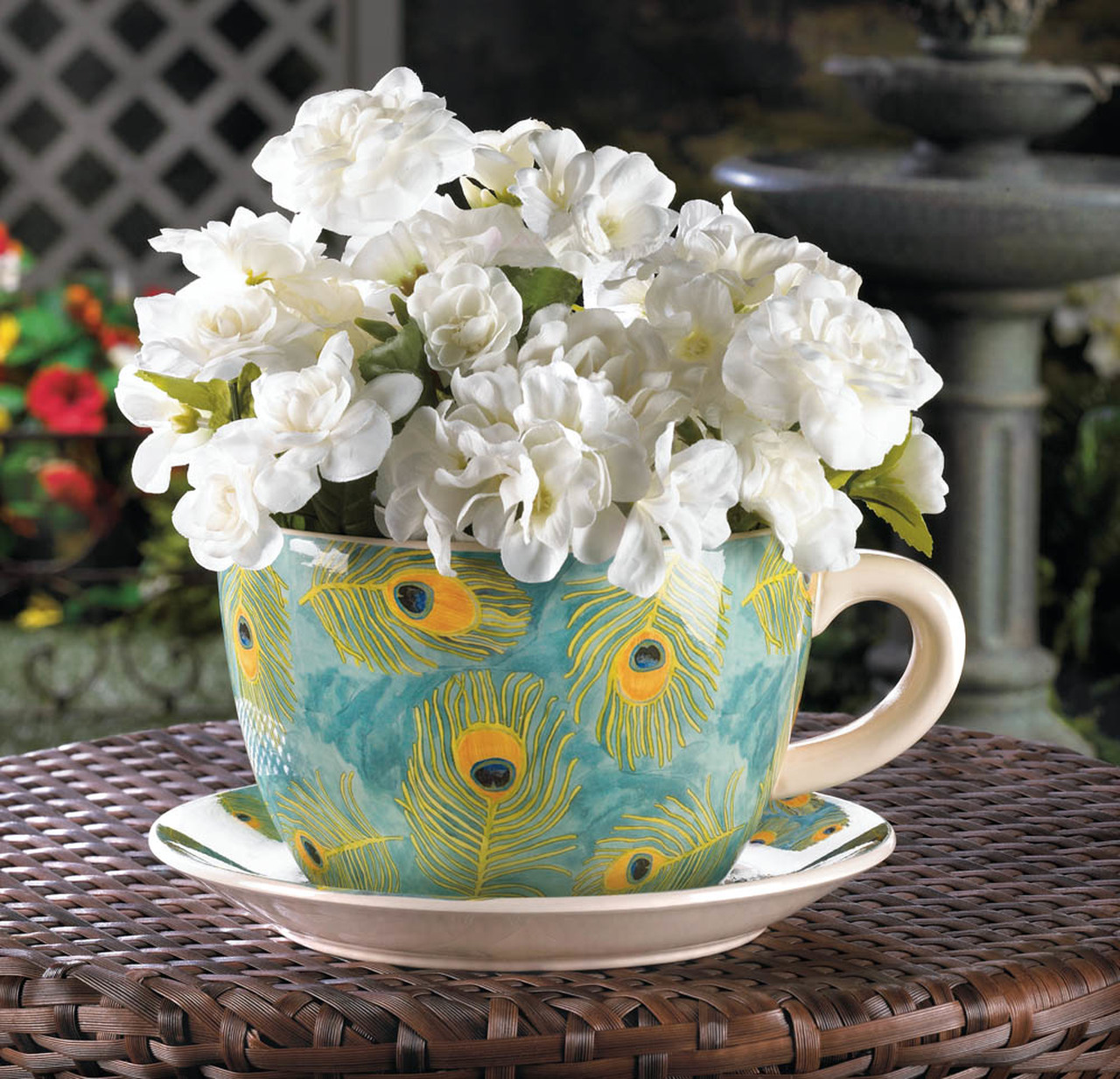 Peacock Feather Dolomite Tea Cup Planter - 4.5 inches