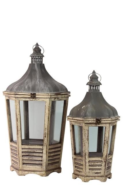 Set Of Two Wood Lantern With Cast Iron Top Metal Handle Glass And Sides