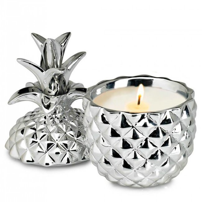 Silver Ceramic Pineapple Coconut Palm-Scented Candle