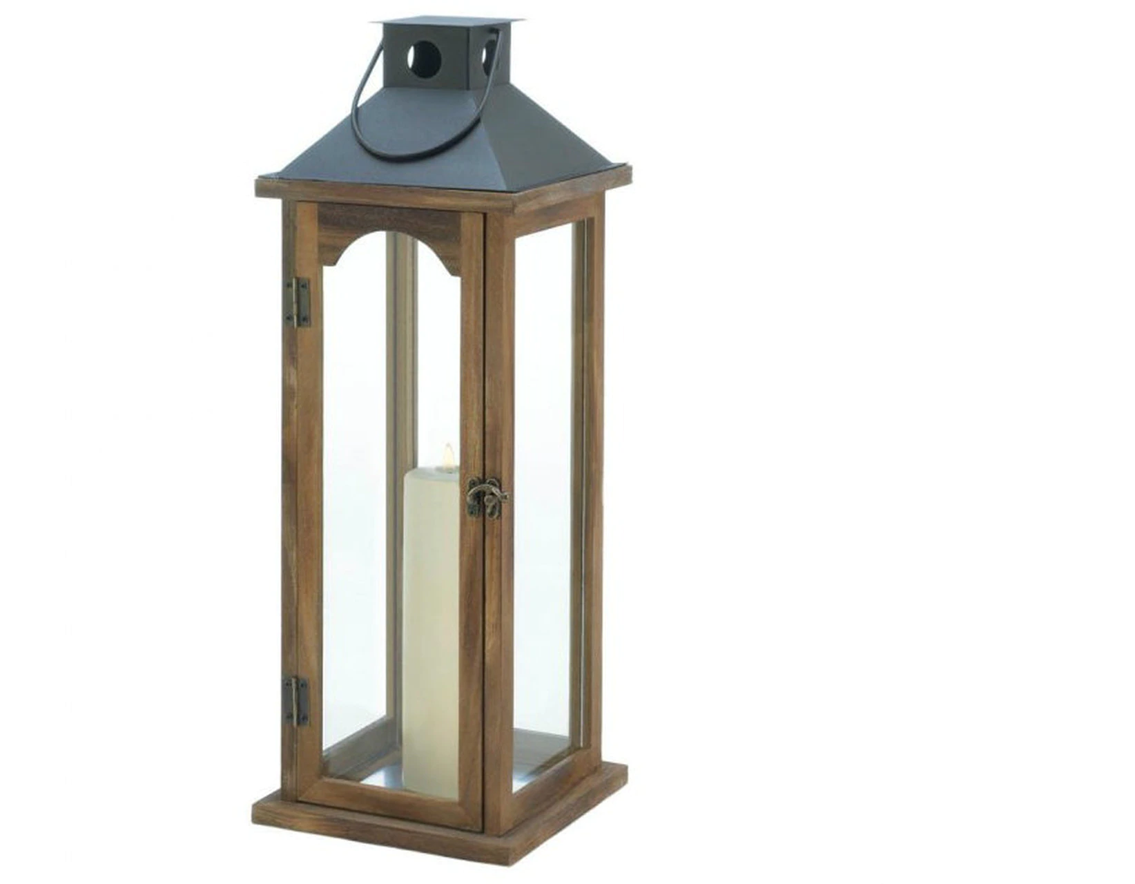 Wood Candle Lantern with Metal Pyramid Top - 22 inches