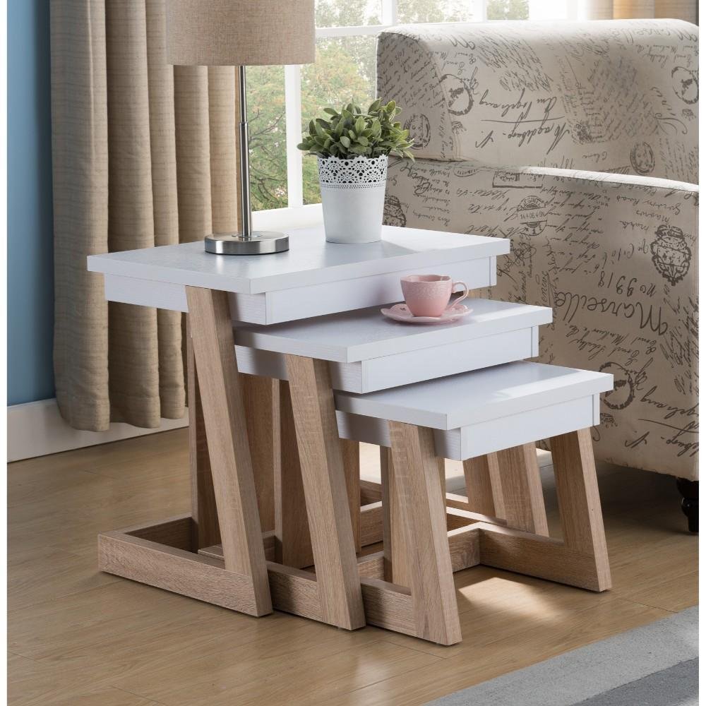 Wooden Nested End Table, White & Weathered Wood Brown (Set Of 3)