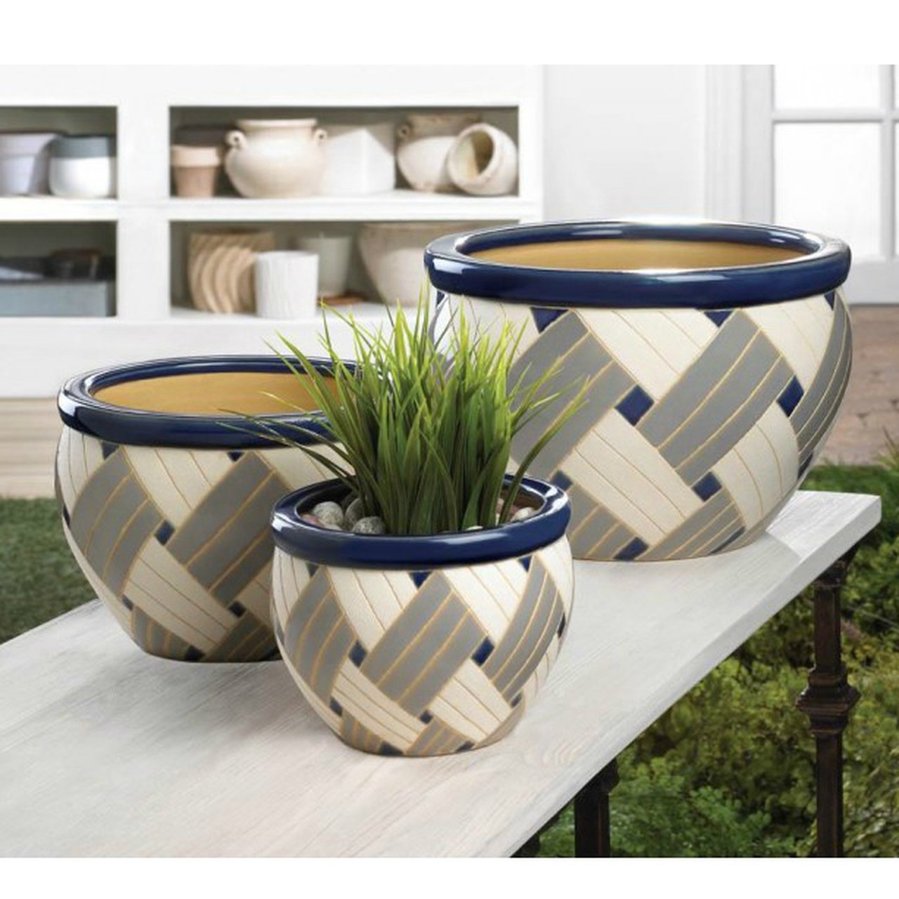 Woven Print Geometric Ceramic Planter Set